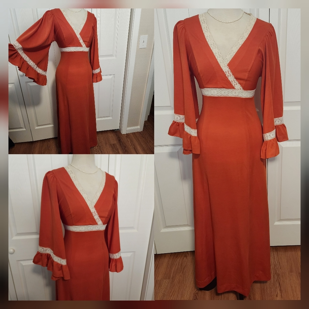 Vintage Rust & Cream Empire Wasit Prairie Lace Ruffle Bell Sleeved Dress